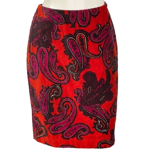 TALBOTS Orange Velvet Purple Paisley Pencil Midi Skirt Size 2 - Picture 2 of 15